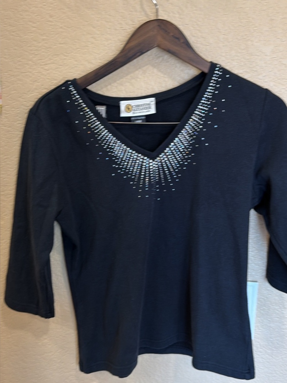 Y2K - Christopher & Banks Black V-Neck Top with Rhinestone Detail
